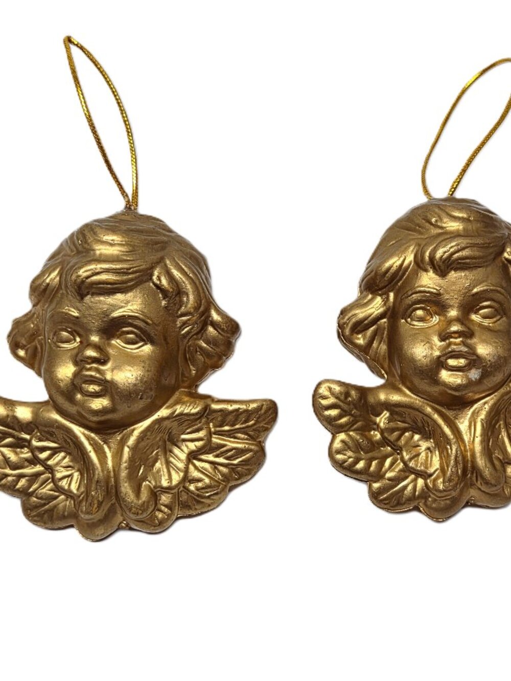 Vintage Gold Cherub Christmas Ornament Lot Set x2 Victorian Style Wing Face Head